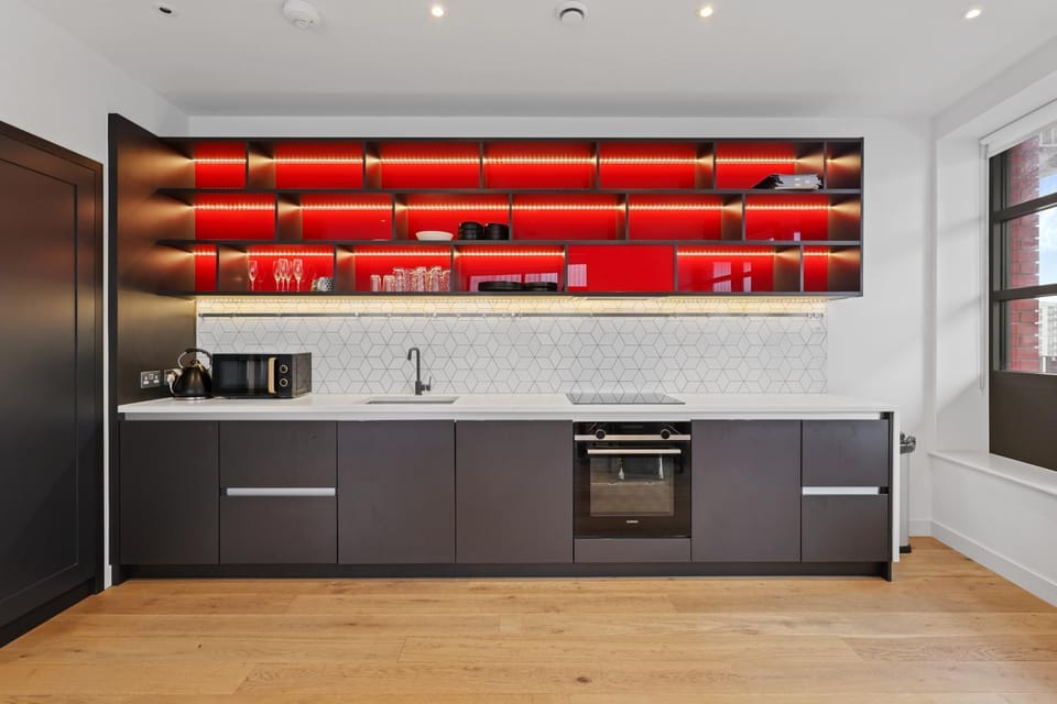 Kitchen or kitchenette, stove