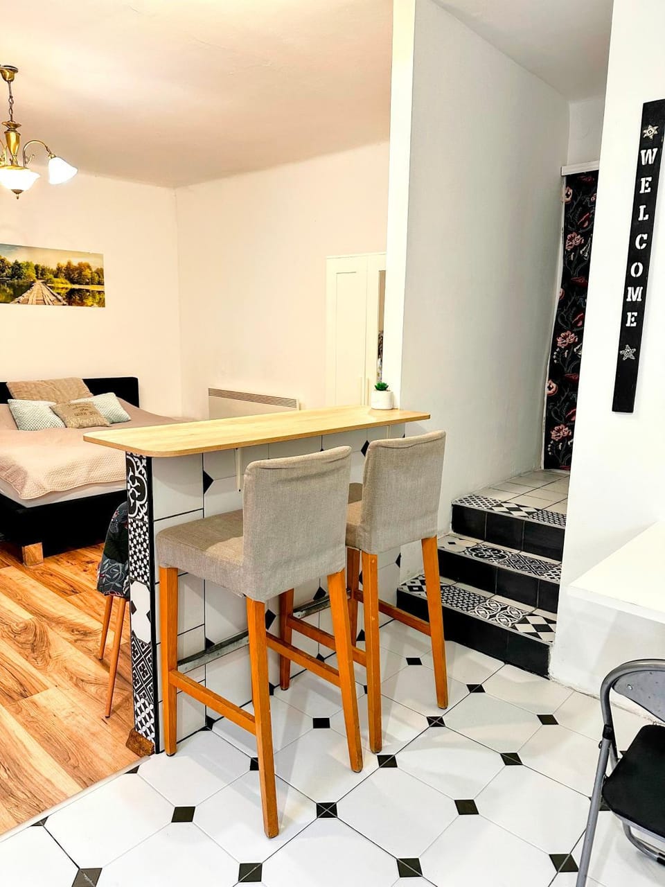 Bed, Living room, Dining area