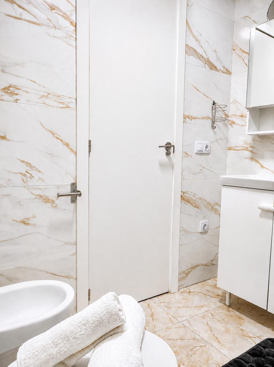 Shower, bidet, hair dryier, towels