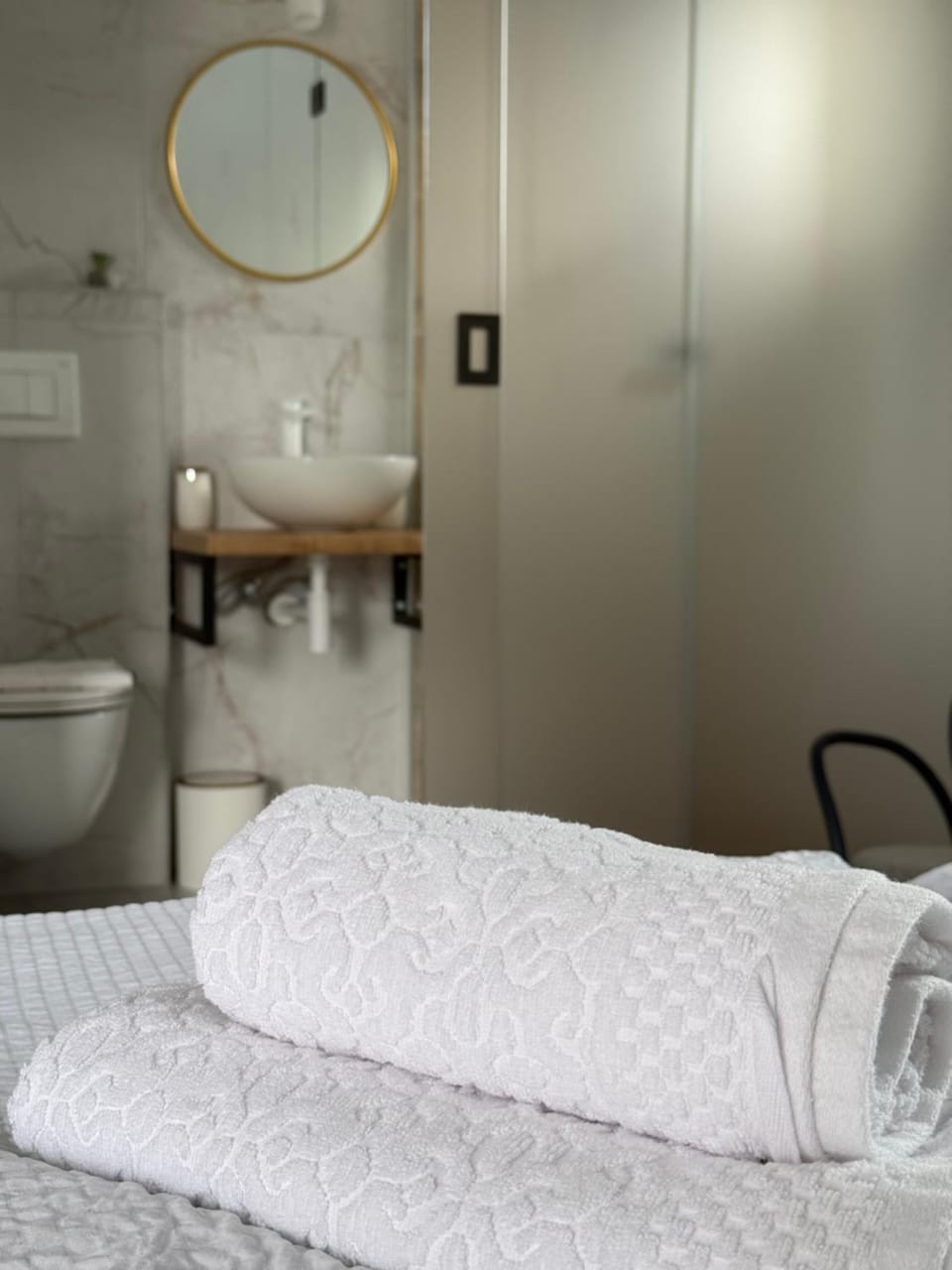 Bed, Bathroom, towels