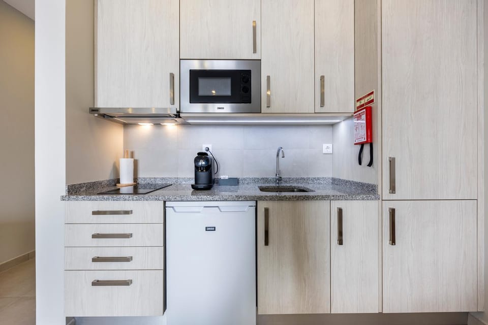 Kitchen or kitchenette, microwave, stove