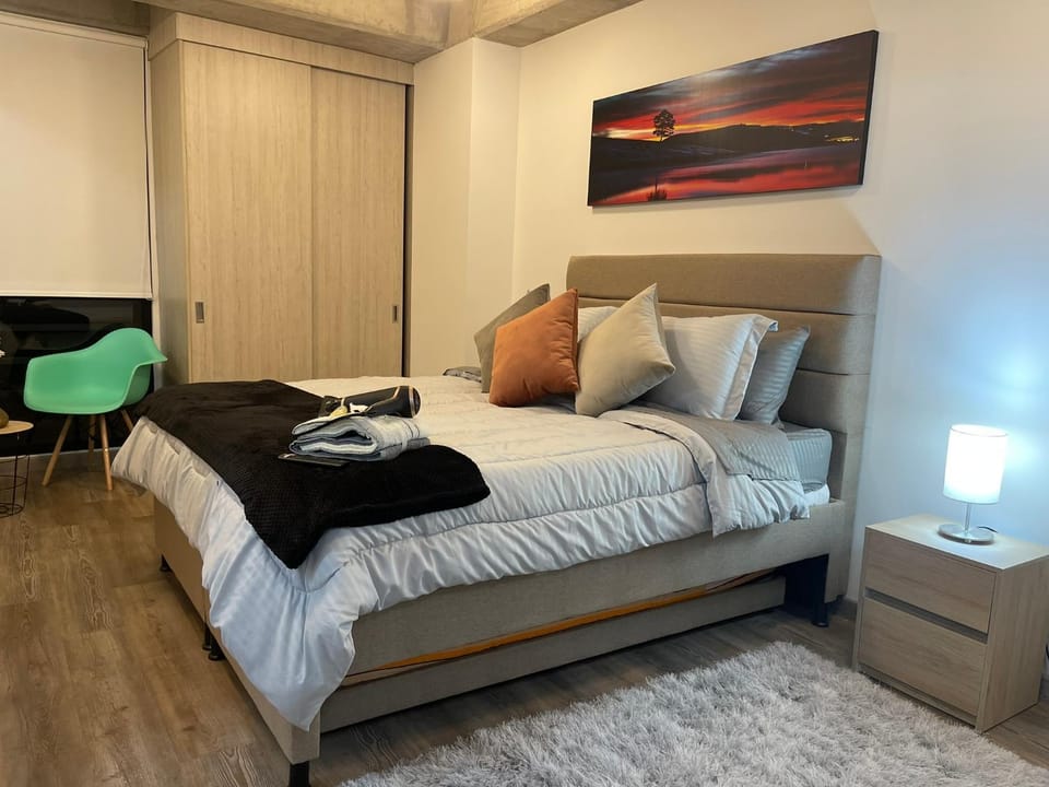 Bed, Living room, towels, wardrobe