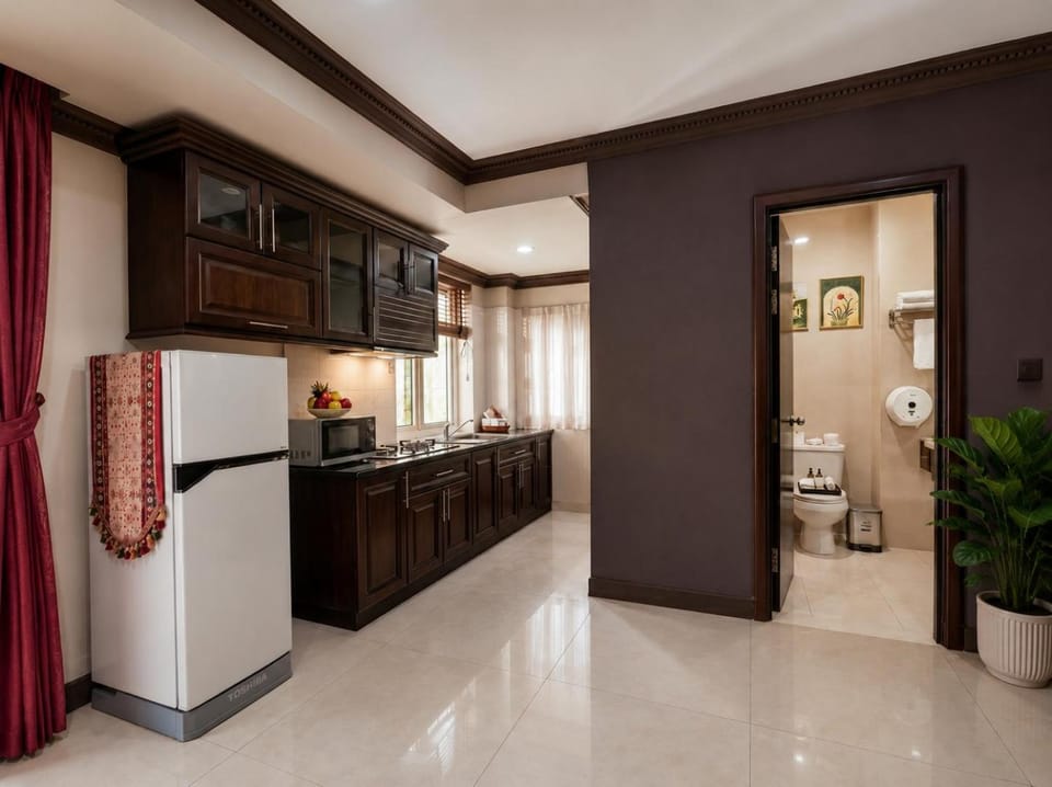 Kitchen or kitchenette, stove