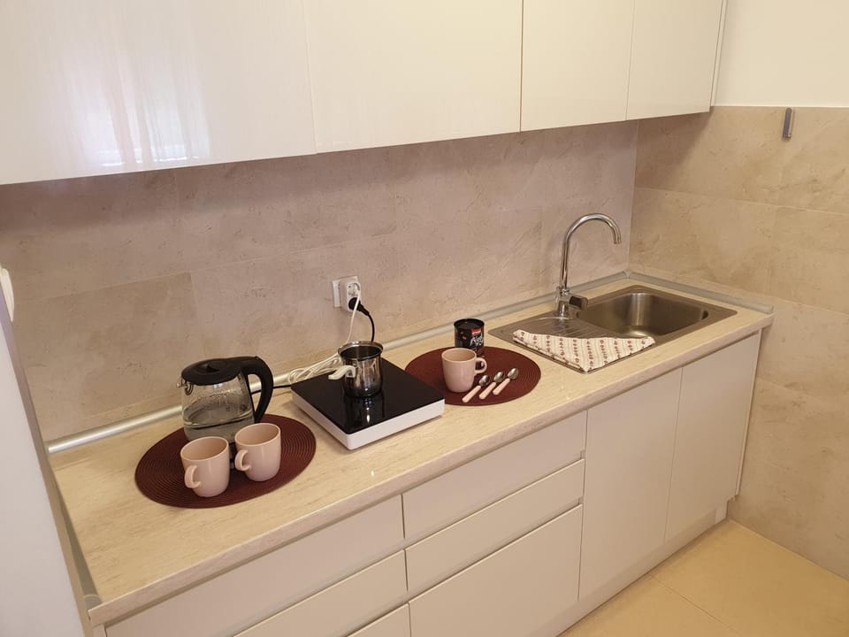 Kitchen or kitchenette, stove