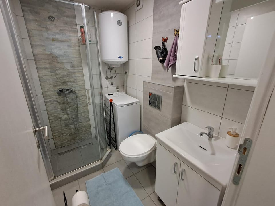 Shower, Toilet, Bathroom, hair dryier, towels, washing machine, washing machine