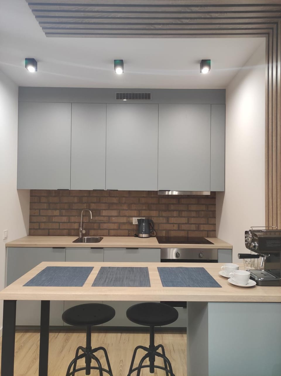 Kitchen or kitchenette, stove