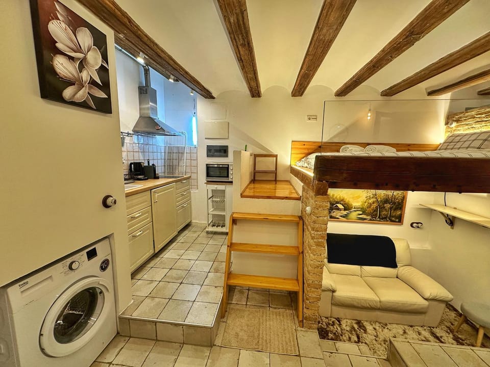 Bed, Kitchen or kitchenette, Living room, Seating area, bunk bed, minibar, pet friendly, stove, washing machine