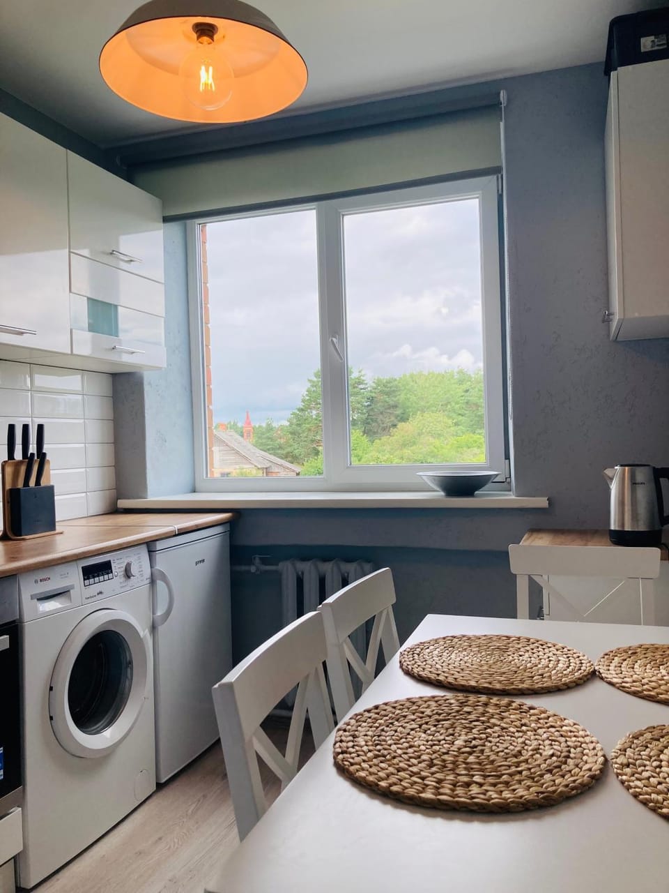 Coffee/tea facilities, Kitchen or kitchenette, Dining area, pet friendly, stove, washing machine