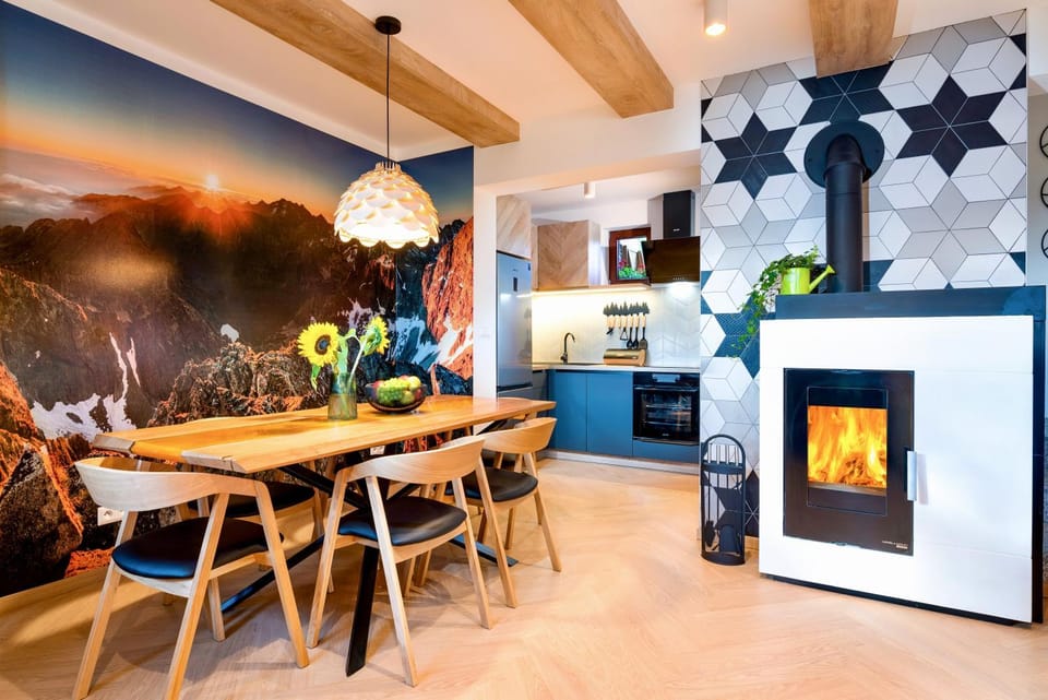 Kitchen or kitchenette, Living room, Dining area, fireplace, fireplace