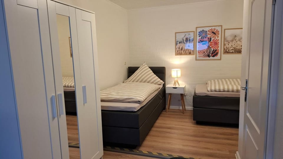 Bed, wardrobe