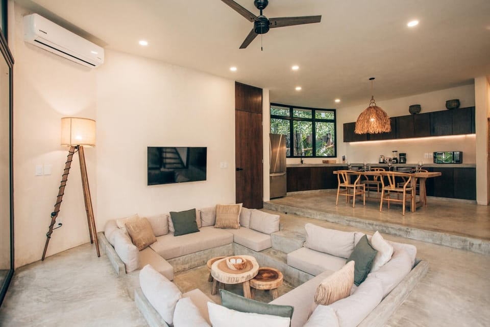 Kitchen or kitchenette, Living room, Seating area, Dining area, stove, air conditioner