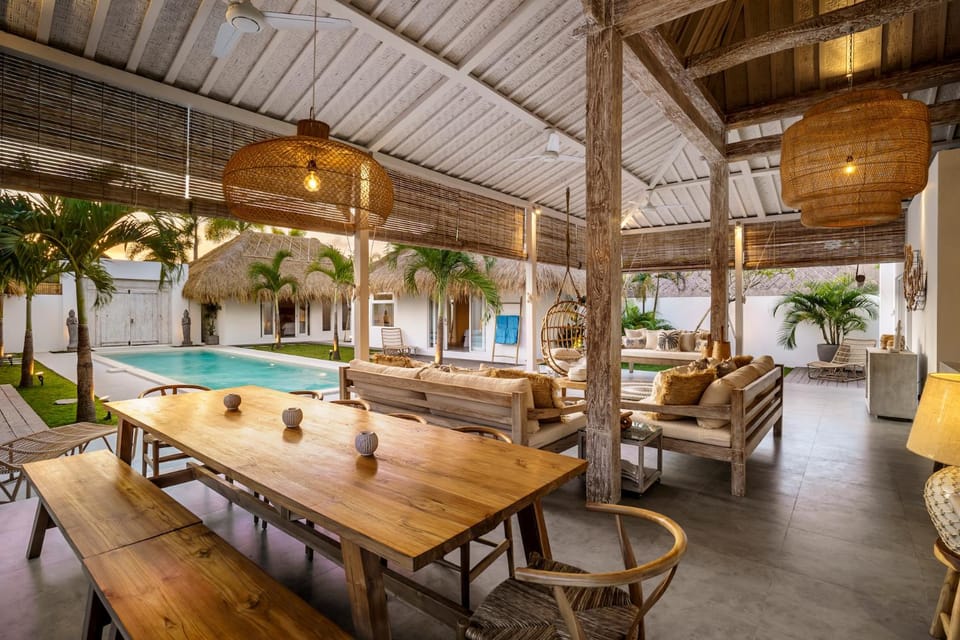 Patio, Living room, Seating area, Pool view, Swimming pool