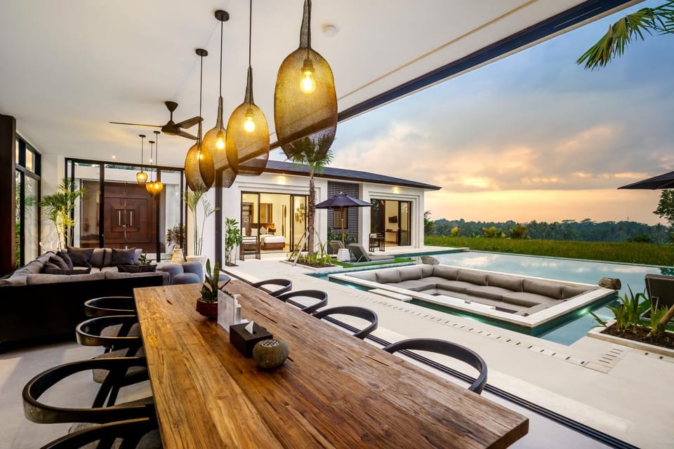Living room, Seating area, Dining area, Pool view