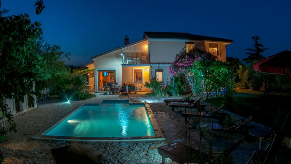 Property building, Night, Garden, Garden view, Pool view, Swimming pool