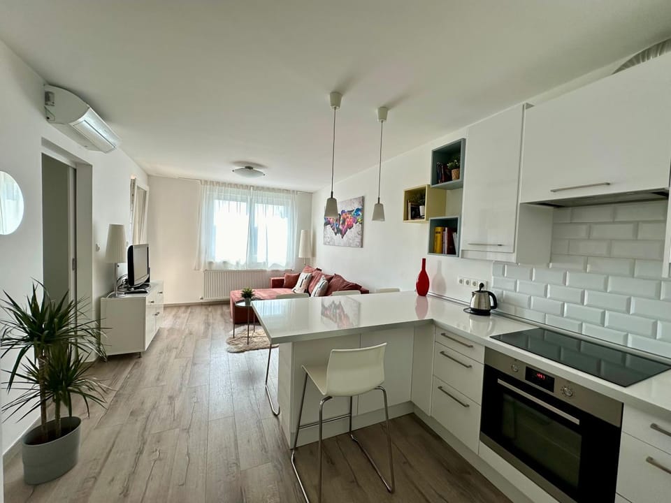 Kitchen or kitchenette, Living room, Seating area, Dining area