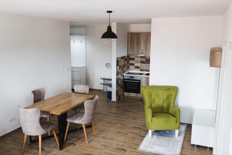 Kitchen or kitchenette, Living room, Seating area, Dining area, stove