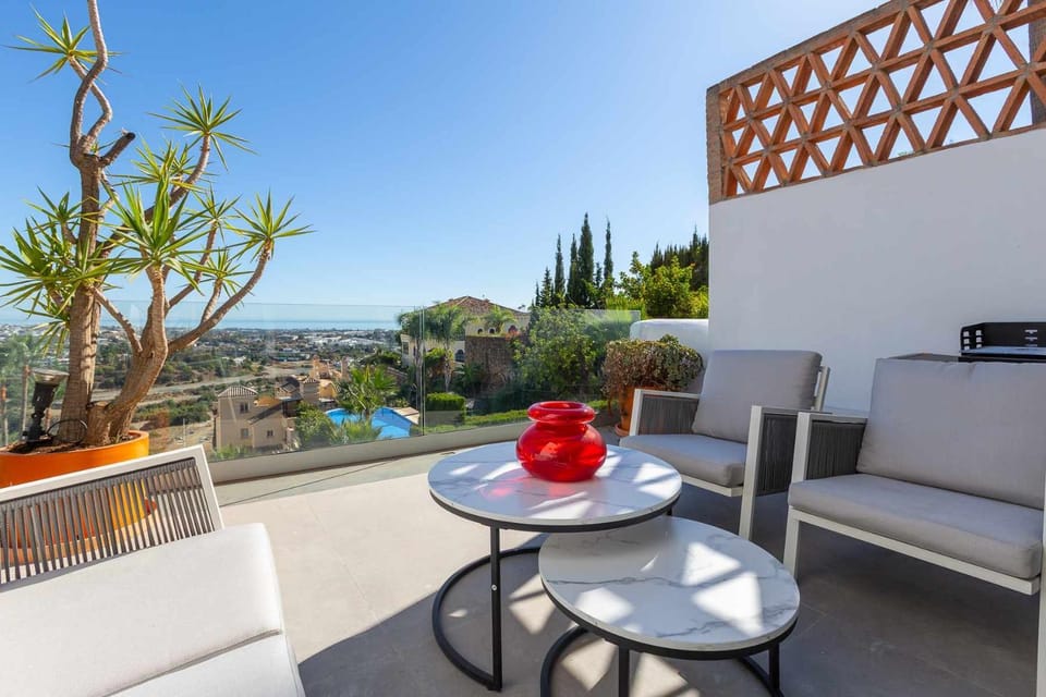 Patio, Day, Natural landscape, View (from property/room), Balcony/Terrace, Living room, Seating area, Pool view, Swimming pool
