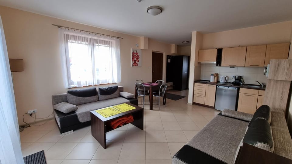 Kitchen or kitchenette, Living room, Seating area, Dining area, stove