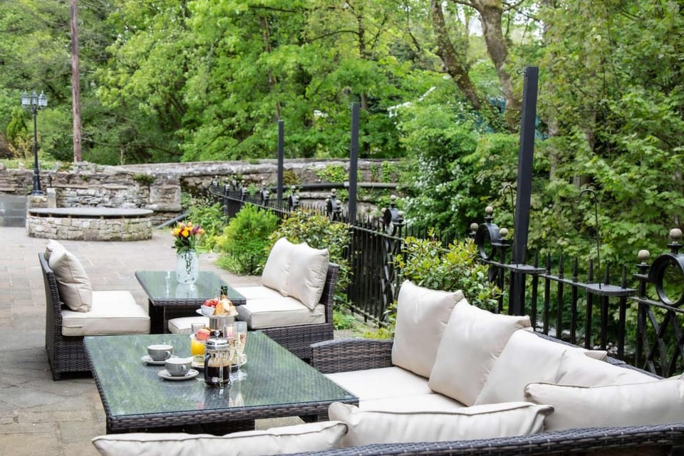 Patio, Day, Garden, View (from property/room), Seating area, Dining area, Garden view, River view, River view, Sunset