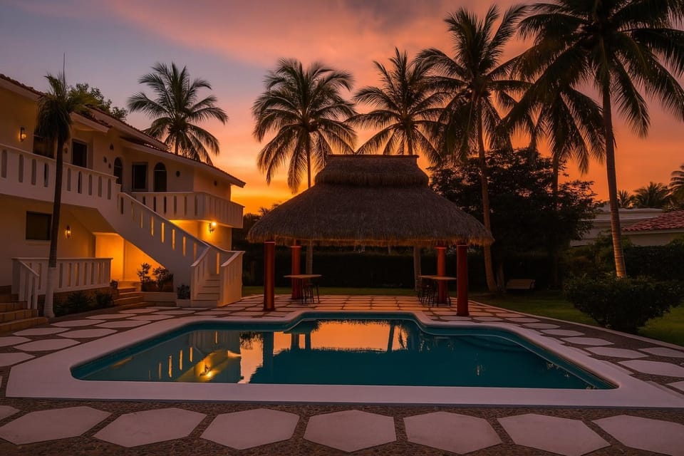 Property building, Pool view, Swimming pool, Sunset