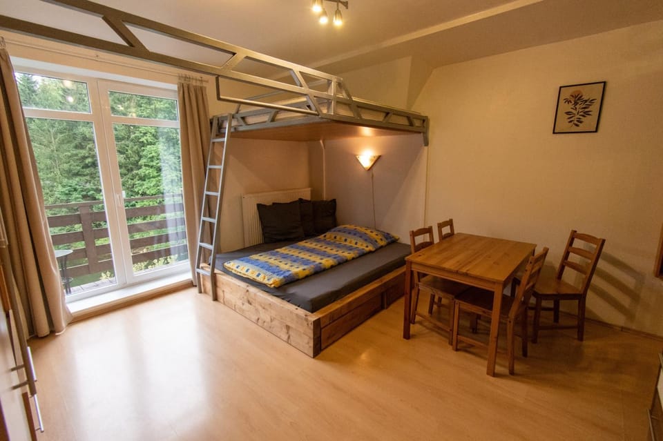 Bed, Living room, Dining area