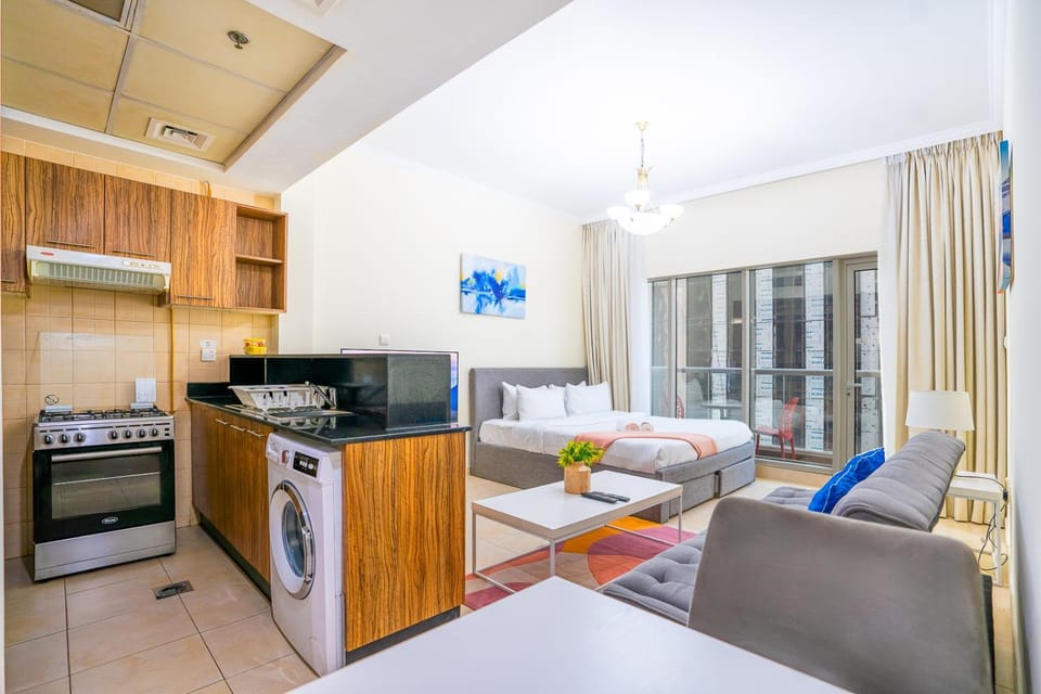 Bed, kitchen