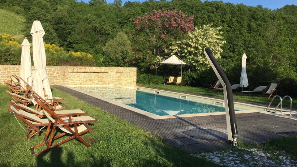 Natural landscape, Garden, Garden view, Pool view, Swimming pool, sunbed