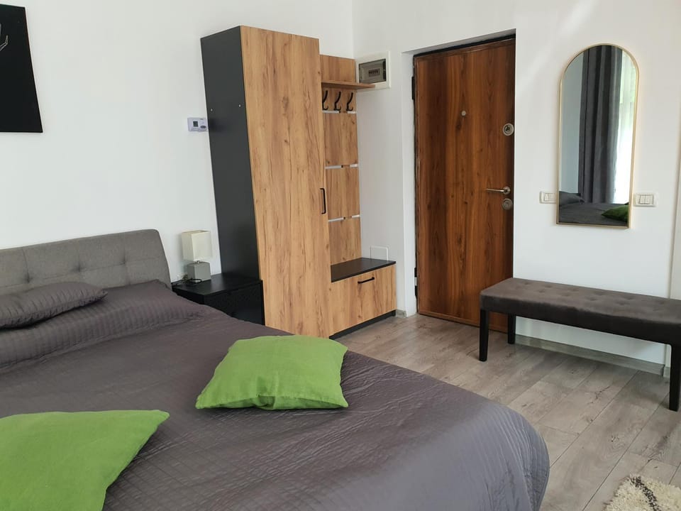 Bed, wardrobe