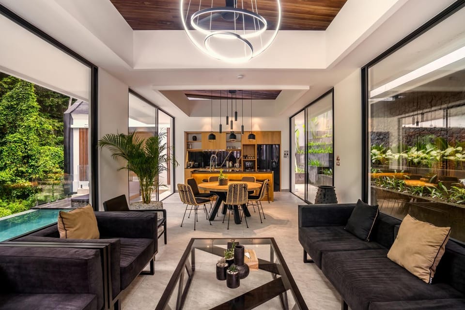 Living room, Seating area, Dining area, Pool view
