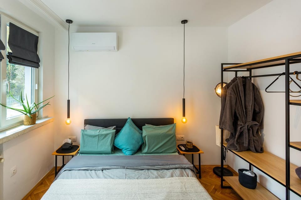 Bed, Bedroom, City view, wardrobe
