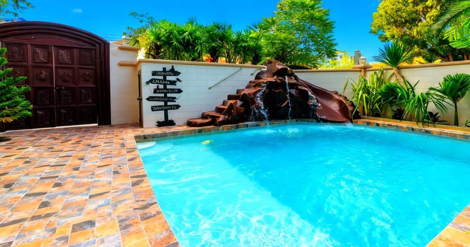 Property building, Day, Garden, Garden view, Pool view, Swimming pool, sunbed