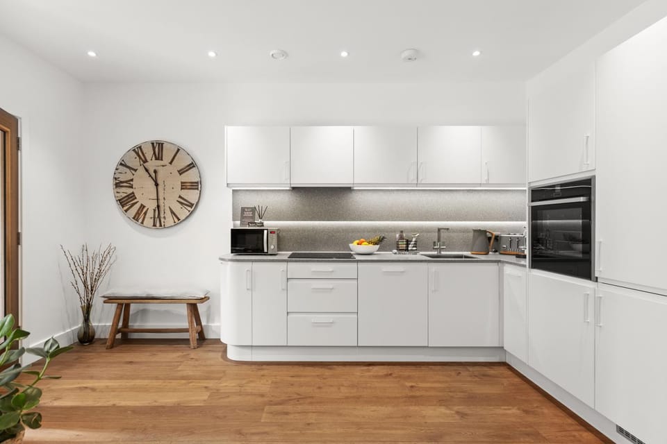 Kitchen or kitchenette, dishwasher, stove