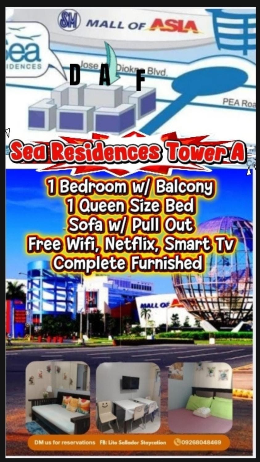 Staycation Infront of Moa Residences Tower A Near Dfa Macapagal, NU Moa, PICC, World Trade, Star City, Ayala Mall, Parqal Mall, NAIA 1,2,3 Apartment in Pasay