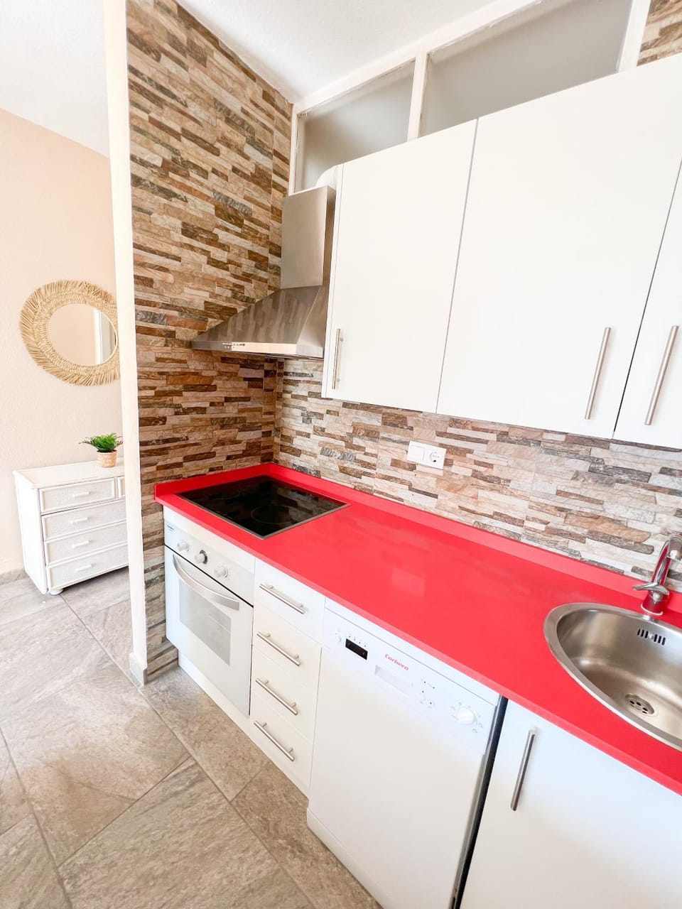 Kitchen or kitchenette, stove, kitchen