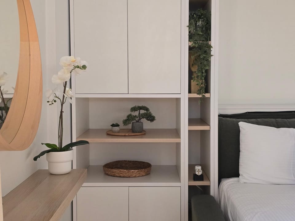 Bed, wardrobe