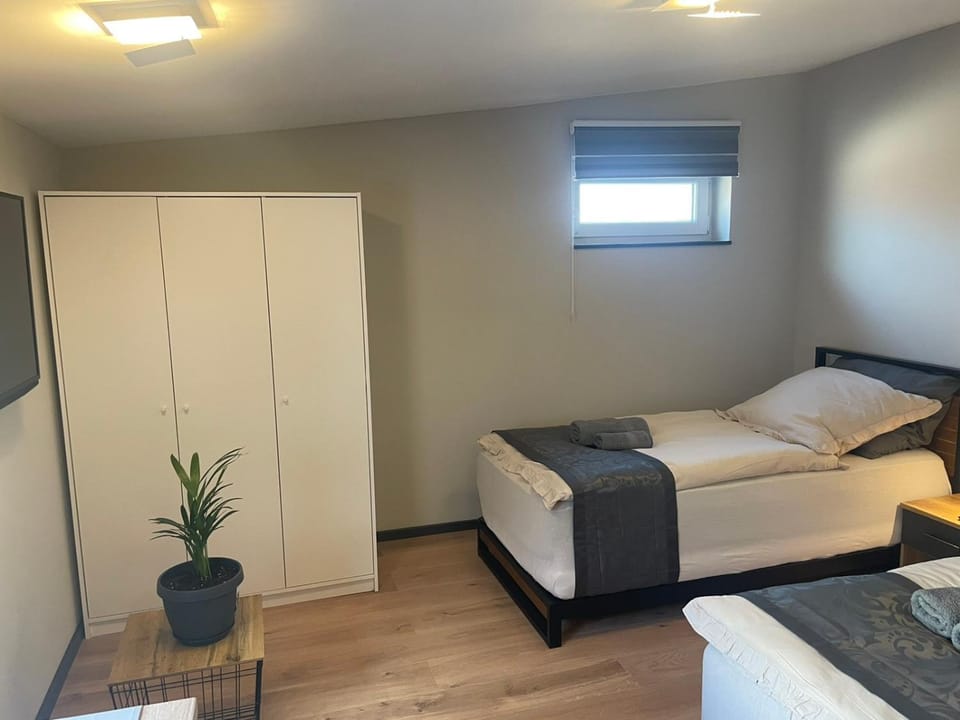 Bed, wardrobe