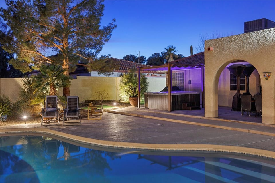 Patio, Night, Pool view, Swimming pool, Swimming pool, sunbed
