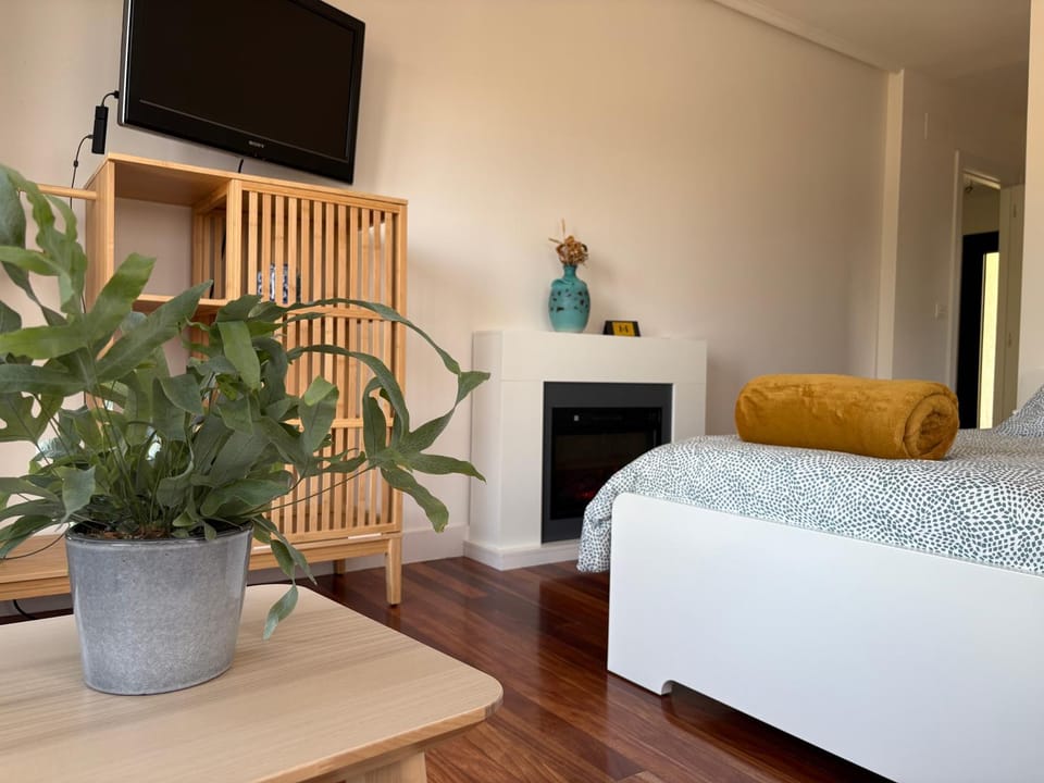 Bed, TV and multimedia, Bedroom, fireplace