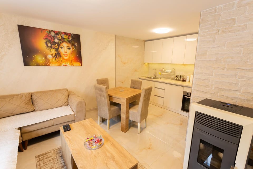 Kitchen or kitchenette, Living room, Seating area, Dining area