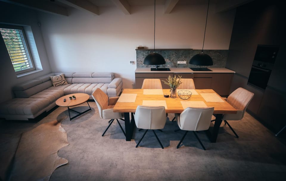 Kitchen or kitchenette, Living room, Seating area, Dining area