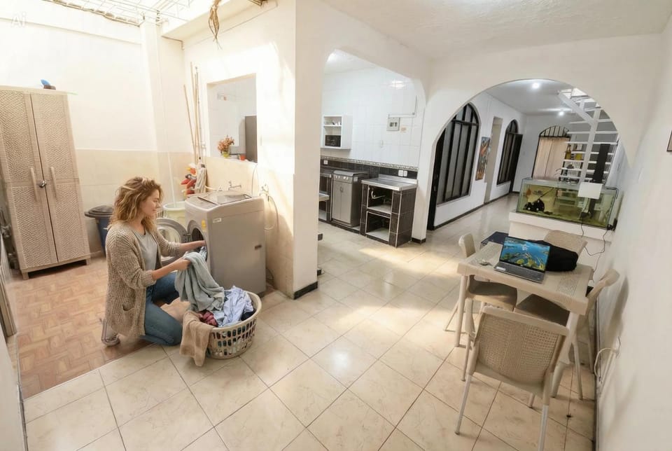 People, Kitchen or kitchenette, Seating area, Dining area, group of guests, washing machine