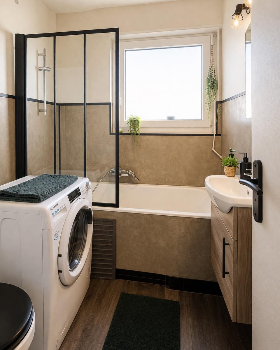 Bathroom, Bath, washing machine, dryer