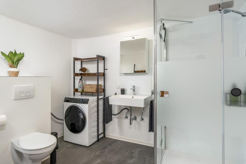 Shower, Toilet, Bathroom, towels, washing machine, dryer