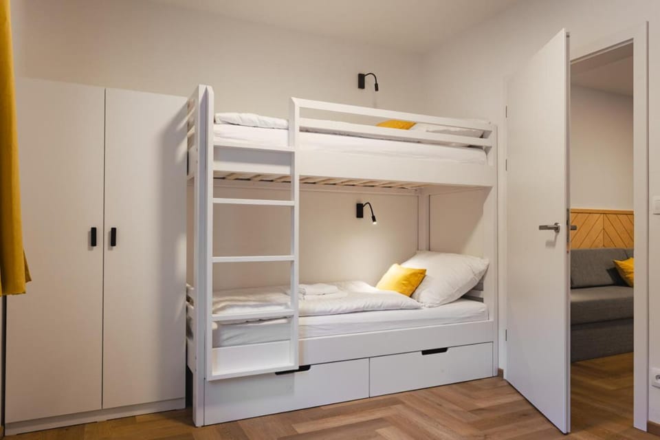 Photo of the whole room, Bedroom, bunk bed, towels, wardrobe