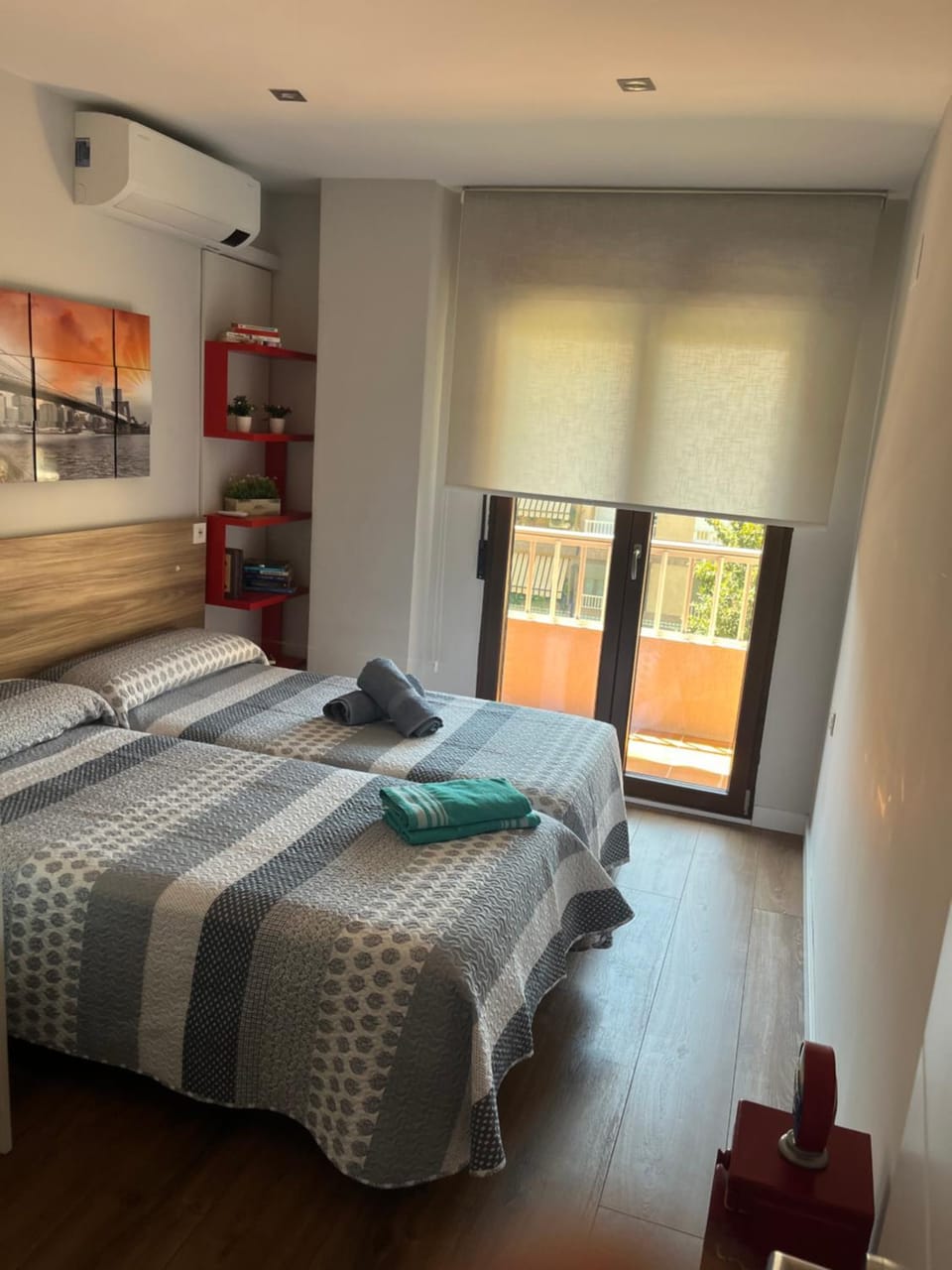 Bed, Photo of the whole room, Bedroom, towels, air conditioner