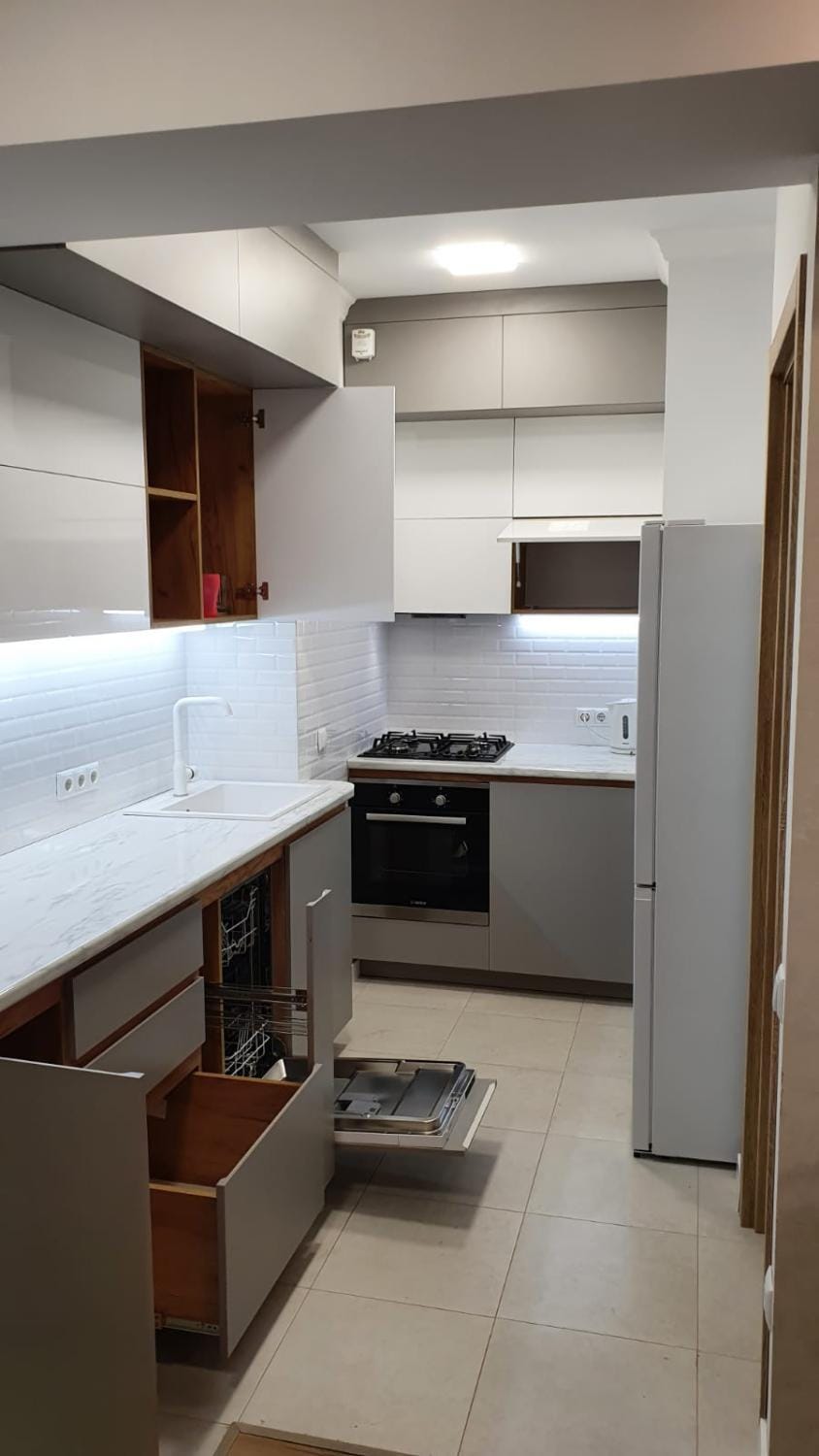 Kitchen or kitchenette, stove