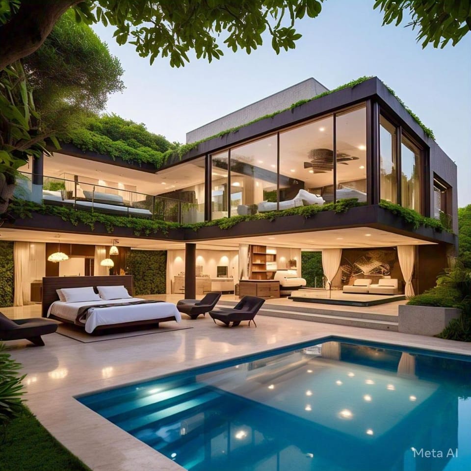 Property building, Patio, Day, Natural landscape, Garden, Living room, Seating area, Garden view, Pool view, Swimming pool, sunbed