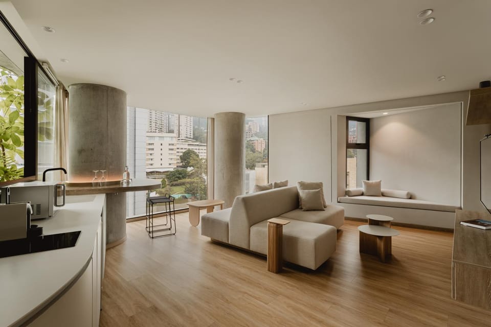 Kitchen or kitchenette, Living room, Seating area, City view