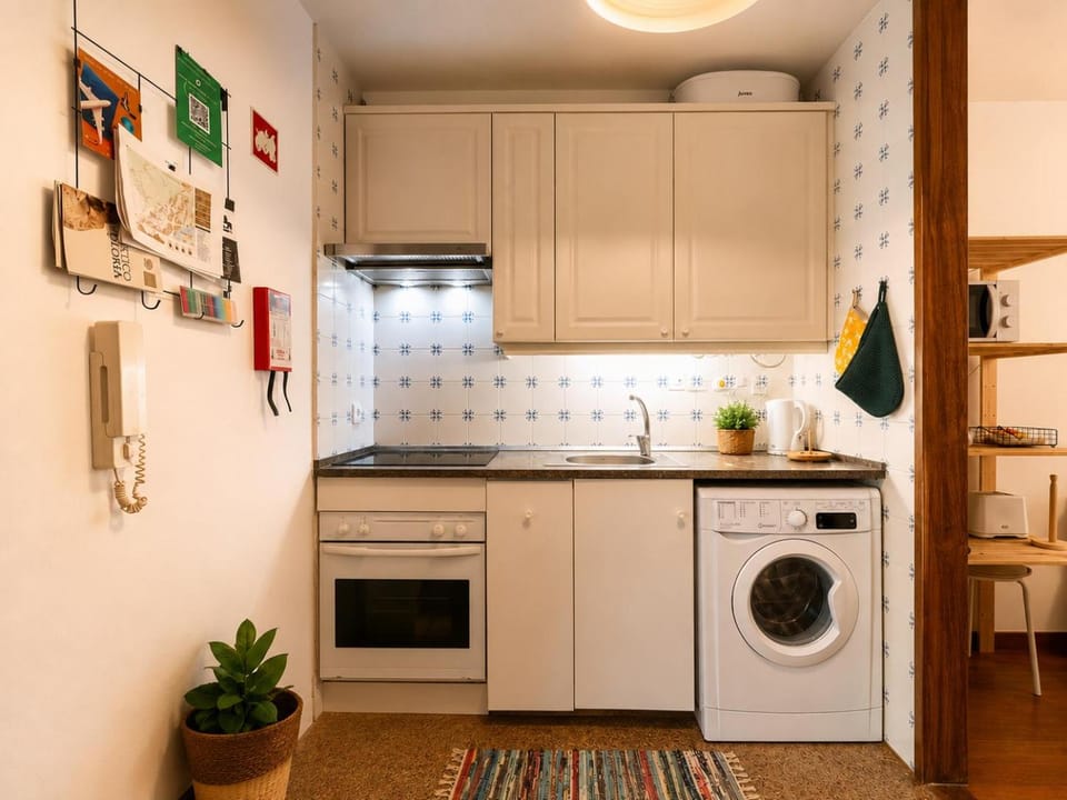 Kitchen or kitchenette, oven, stove, washing machine