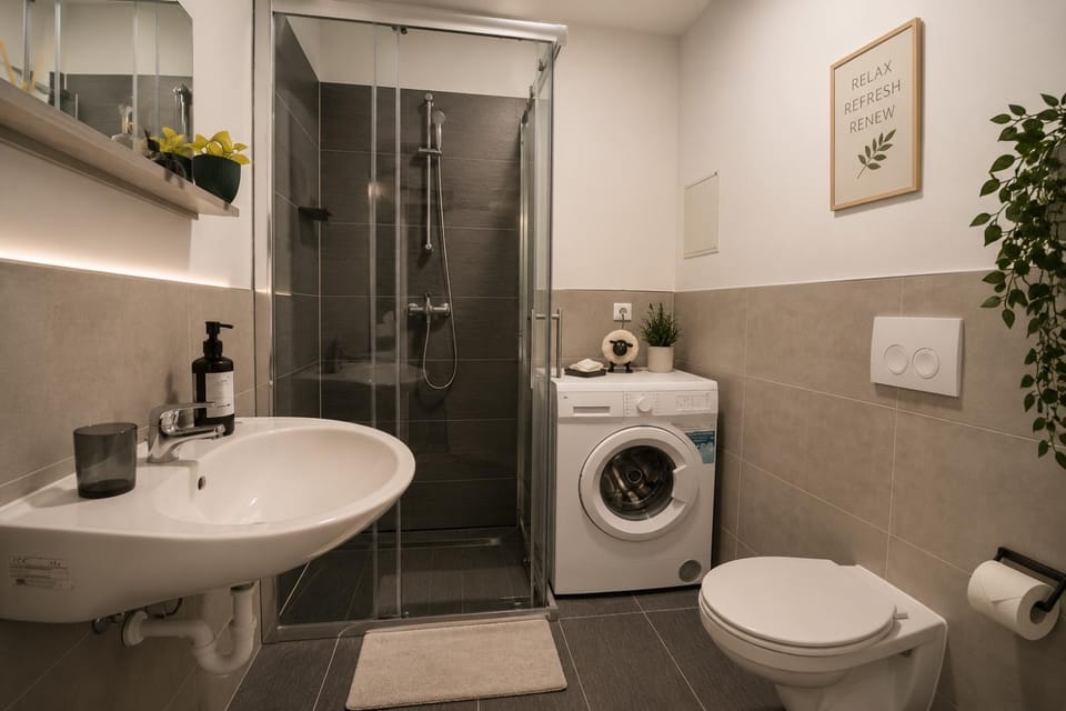 Shower, Toilet, Bathroom, towels, washing machine